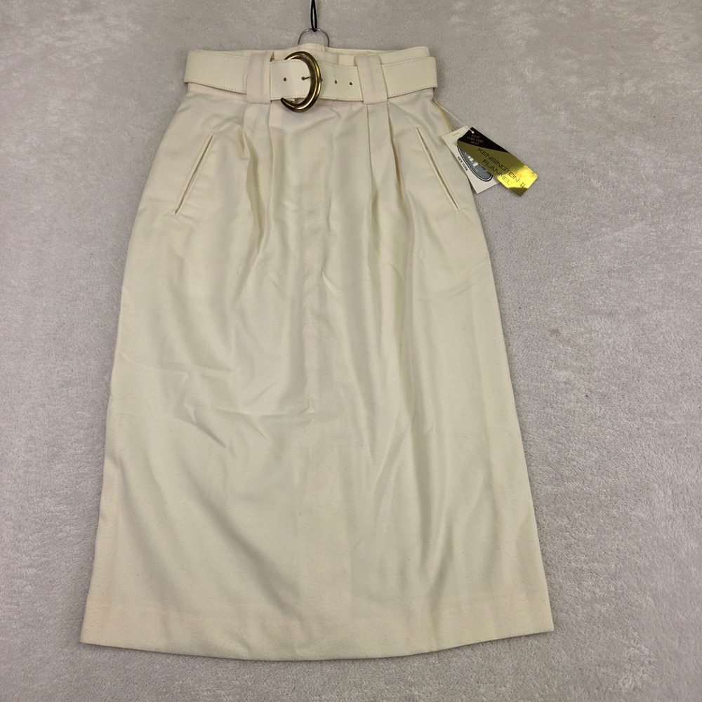 Christy Girl New York Vintage Cream Flannel Belted Midi Skirt High Waist Size 8